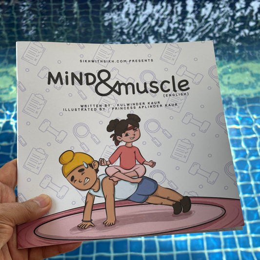 Book titled 'Mind & Muscle' held by a hand with a pool background